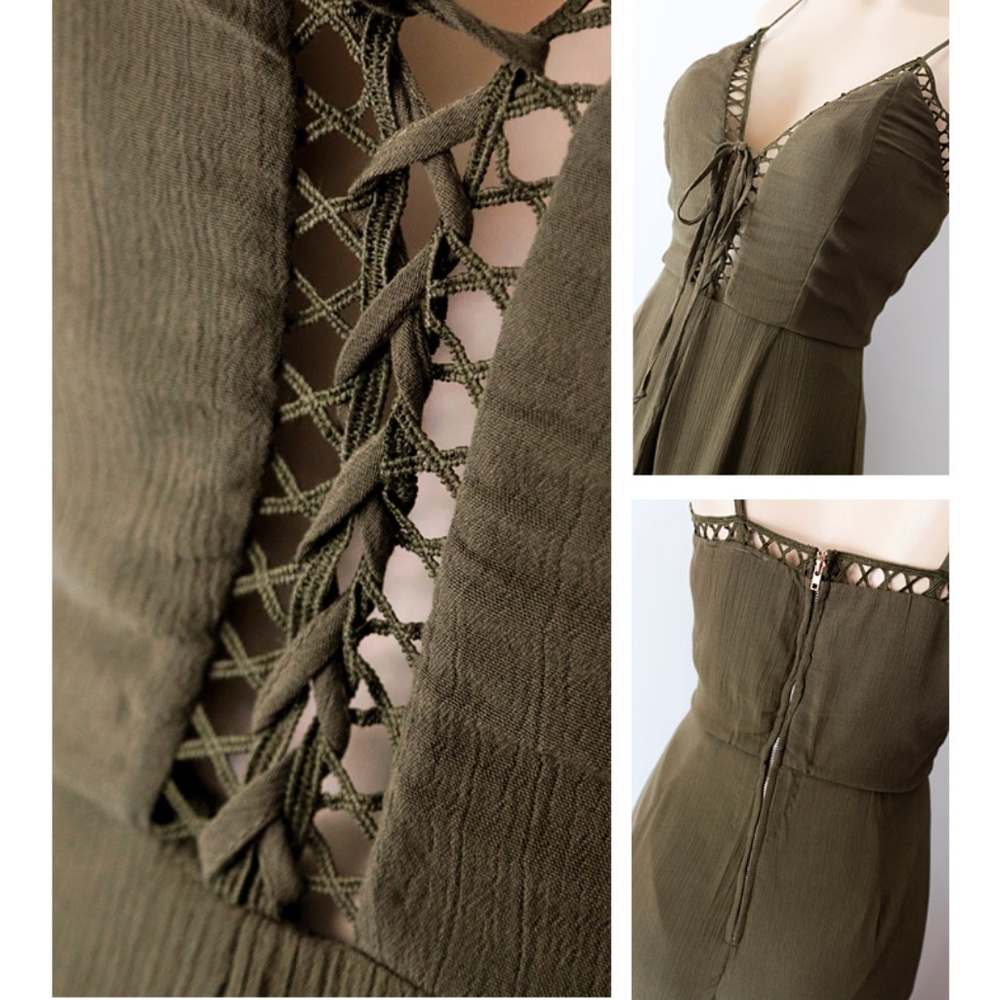 Last☝️Olive Laced Up V Neck Wide Leg Long Jumpsuit - Picture 5 of 8